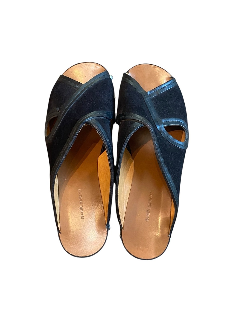 Isabel Marant Zipla Suede Stud Detail Wood Platform Wedge Clog Slide Sandals - Picture 2 of 6